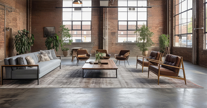 The inside of a living room with a concrete floor