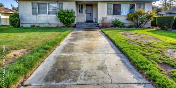 Concrete walkway up to the front door of a house